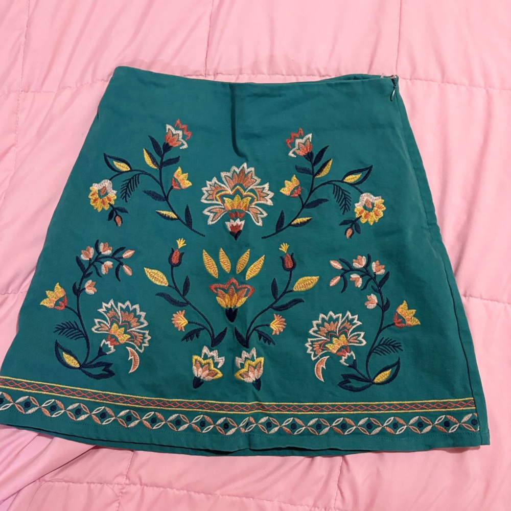 Miami Teal Floral Embroidered Skirt